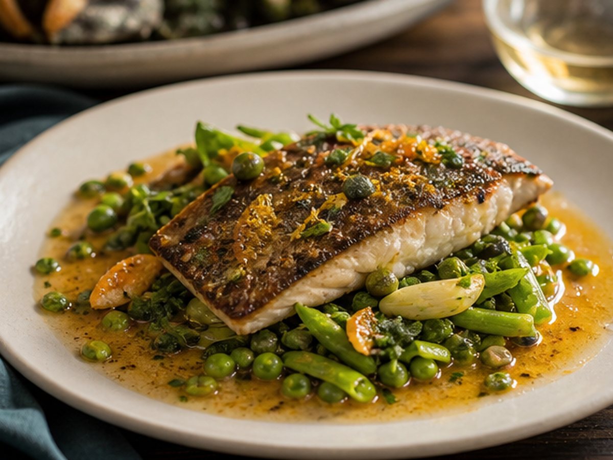 Pan-seared snapper with spring peas